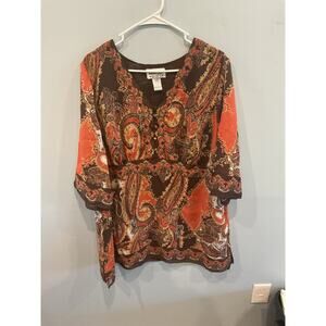 Vintage Womens Babydoll Plus Size 22W 22 Top Brown Orange Paisley Boho Office